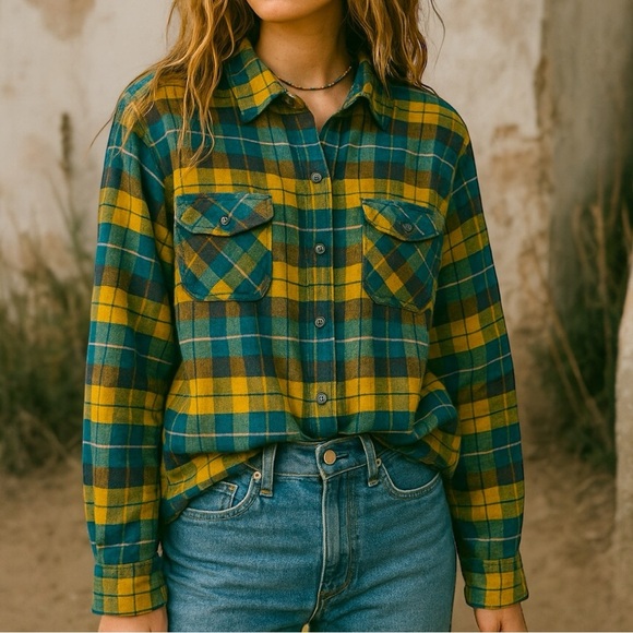 L.L Bean Scotch Plaid Button Up Collard Long Sleeve Flannel Granola Girl Shirt - Picture 1 of 12
